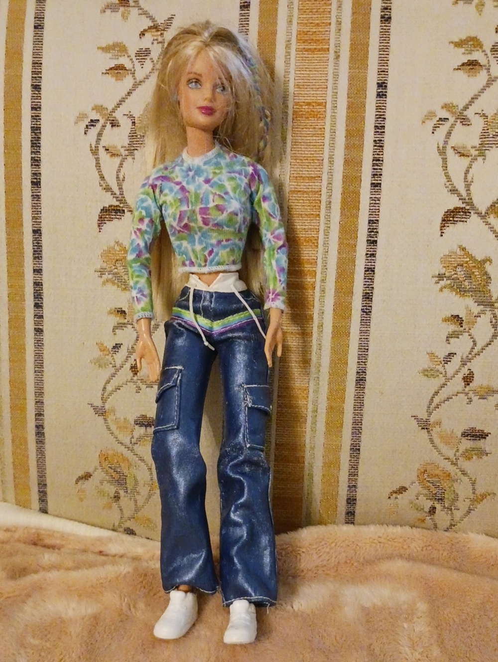 Vintage Barbie Doll With Multicolor Crop Top And Blue Flare Cargo Jeans